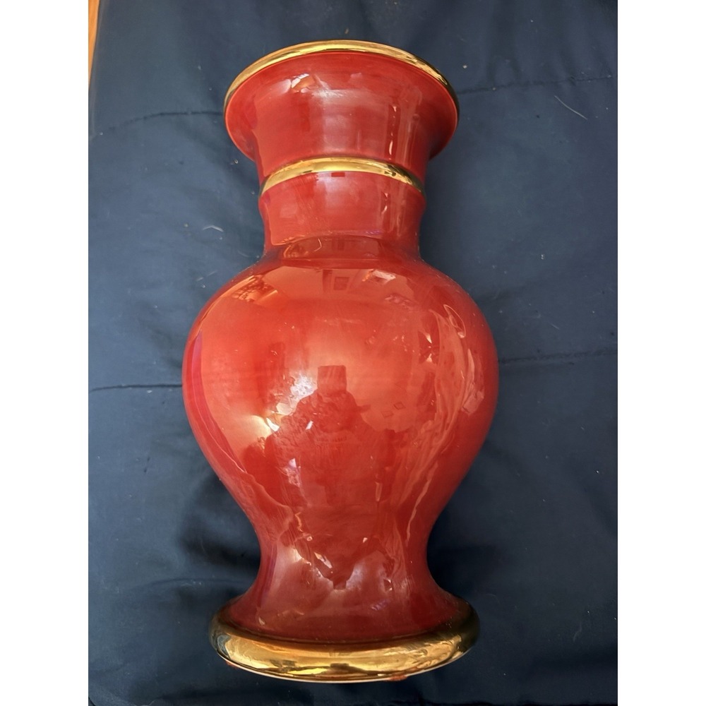 Vintage Ethan Allen Red Ceramic Vase Gold Trim Handcrafted Italy RN-48864 12"